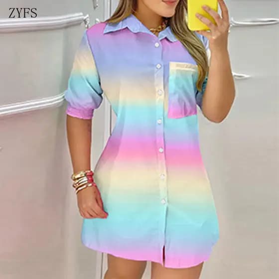 Vestido Camisa Casual de Manga Curta com Botão Frontal, Bolso e Design Colorblock para Mulheres, Lapela Verão 2026 ZHYB