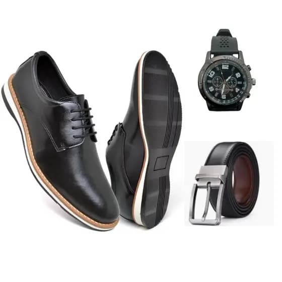 Kit Sapato Casual Masculino Oxford Preto Marrom Cinto + Relogio Couro Sintetico Sapatenis Trabalho