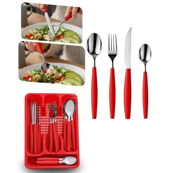 Jogo De Talheres Inox Com Porta Talher 25 Peças | Vermelho