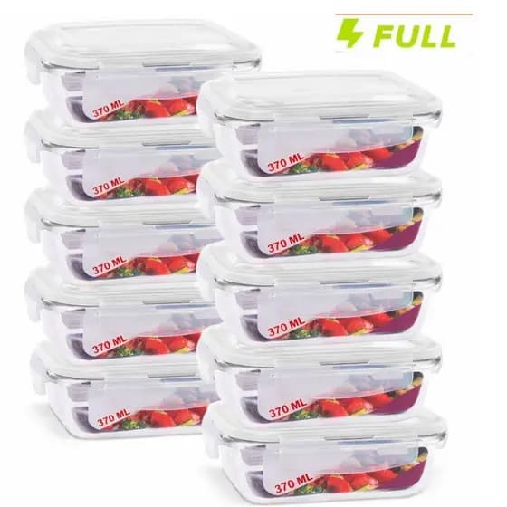 Kit 10 Pote Hermético de Vidro 370ml Marmita Fit Tampa 4 Travas Freezer Microondas