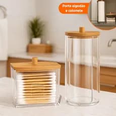 Organizador Algodão E Cotonetes Acrílico Tampa Bambu Kit