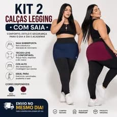 KIT 2 Calça Legging Academia Feminina Fitness com Saia Tapa Bumbum Zero Transparência Suplex Premium