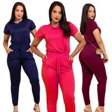 Conjunto SUEDE Light Calça e Blusa Malha Confortável Fardamento Roupa Feminina Manga Curta e Skinny