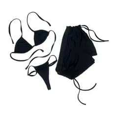 Conjunto Biquíni 3 Peças Cortininha com Calcinha Fita e Short Sunkini – Moda Praia Verão Preto