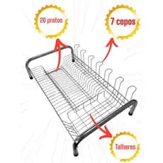 Escorredor De Louça 20 Pratos 7 Copos e Porta Talheres Aço Cromadocama luxo
