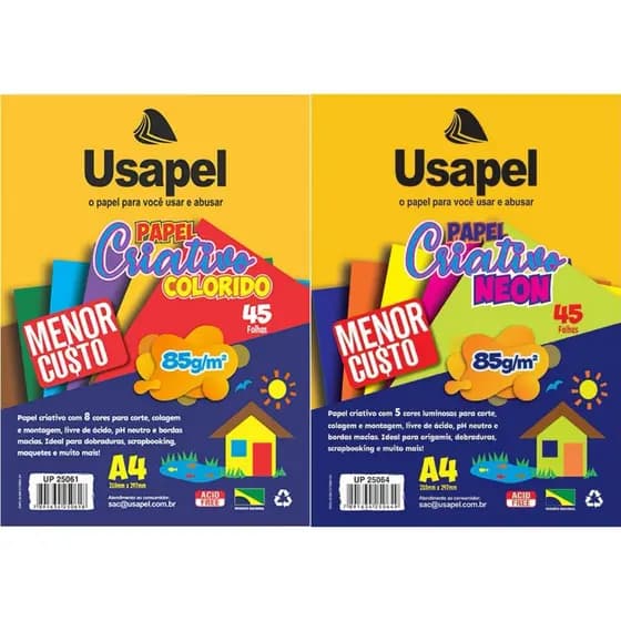 Papel Criativo Colorido A4 210 x 297mm 45 folhas MENOR PREÇO Usapel