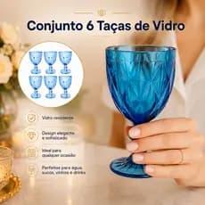 Jogo 6 Taças de Vidro Azul 330ml | Taças Elegantes Lapidadas Milbani, Taça Vinho, Água, Suco