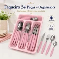 Jogo de Talher 24 Peças + Organizador Rosa, Faqueiro Inox, Porta Talher, Talheres
