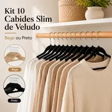 Kit 10 Cabides Slim Veludo Preto Bege Antiderrapante Organização Closet Guarda Roupa Premium Cabide