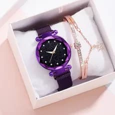 Céu Analógico Relógio Feminino Com Pulseira De Malha E Fecho Magnético Moda Feminina Estrelado Cinta Fivela Ímã