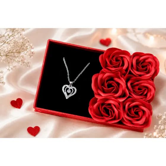 Caixinha Luxo com Colar e 6 Rosas Eternas