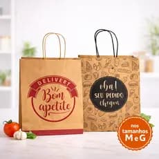 Sacolas Kraft para Delivery estampada C/50 Unid. + lacre de segurança Tamanhos M e G