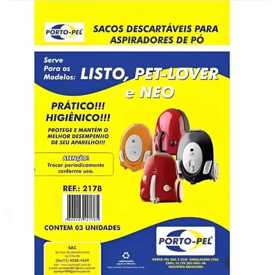 SACOS DESCARTÁVEIS PARA ASPIRADOR DE PÓ  LISTO, PET-LOVER E NEO  KIT COM 3      2178 PORTO-PEL