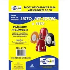 SACOS DESCARTÁVEIS PARA ASPIRADOR DE PÓ  LISTO, PET-LOVER E NEO  KIT COM 3      2178 PORTO-PEL
