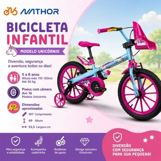 Bicicleta Infantil Aro 16 Unicórnio Ideal para crianças 5 a 8 anos com cadeirinha Boneca