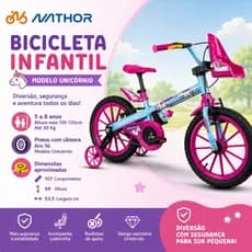 Bicicleta Infantil Aro 16 Unicórnio Ideal para crianças 5 a 8 anos com cadeirinha Boneca