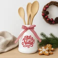 Porta Talher e Leiteira Cerâmica Feliz Natal - Indispensável Em Sua Cozinha Moderna
