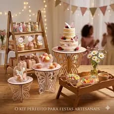 Kit Completo Mesa de Doces Escadinha Porta Doces + Boleiras Borboleta + Bandejas MDF