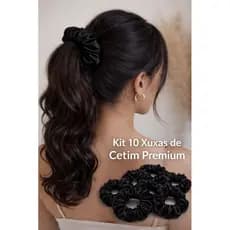 Kit 10 Xuxas de Cetim Premium Preta – Elástico de Cabelo Antifrizz, Anti Quebra, Ideal para Dormir