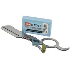 Navalhete Profissional Inox Com Cabo Polegar + 10 Lâminas Feather Inox Barba Cabelo Super Barba