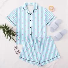 Pijama de Botão Americano Feminino Blogueira Estiloso Temático Meia Manga Short Doll Fofo