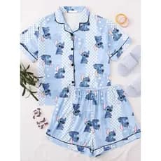 Pijama de Aberto Americano Feminino Blogueira Estampado Meia Manga Short Doll
