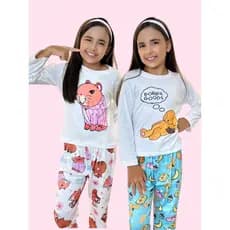 Kit Conjunto Pijama Menina Frio Capivara Ursinho Inverno Infantil Personagens Juvenil