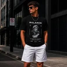 Kit 02 Peças Short e Camiseta Masculina Balance Estilosa Casual Dia A Dia 100% Algodão - Envio Imediato