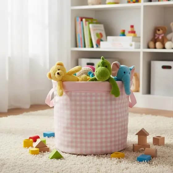 Cesto Redondo 400 Fios Estampado Organizador Brinquedos Menina Xadrez Rosa