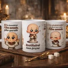 Caneca Católica Personalizada Frei Gilson | Eu Te Levantarei | Presente Religioso Cristão | Caneca Presentes 325ml