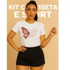 2 CAMISETA E SHORT ESTAMPA BORBOLETA E FLORES 2 PEÇAS
