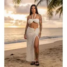 CONJUNTO CROCHÊ TULUM - TOP + SAIA LONGA FEMININO TENDÊNCIA
