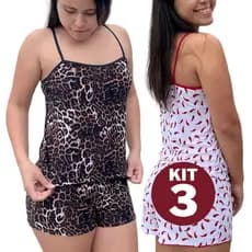 Kit 3 Pijamas Feminino Baby Doll Short Doll Estampado Roupa de Dormir Confortável