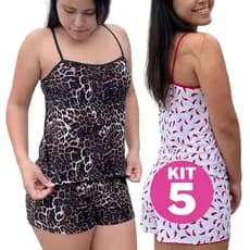 Kit 5 Pijamas Feminino Baby Doll Short Doll Estampado Roupa de Dormir Confortável Verão
