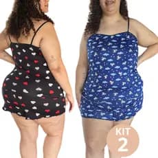 Kit 2 Pijama Feminino Plus Size Verão Suede Alcinha Estampado Conjunto Baby Doll Short Doll Sortidos
