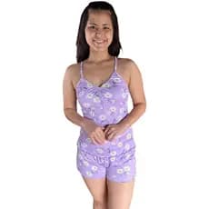 Pijama Feminino Short Doll Alcinha Suede com Botões Confortável Verão Floral Lilás
