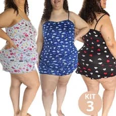Kit 3 Pijama Feminino Plus Size Verão Suede Alcinha Estampado Conjunto Baby Doll Short Doll Sortidos
