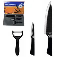Jogo De Facas Cozinha 3 Peças Kit Shark Lâmina Ondulada Preta Antiaderente Descascador GP6 GP2105 Premium