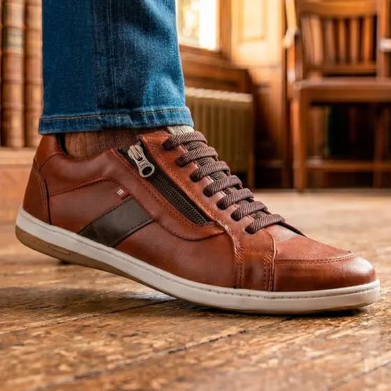Sapatênis Masculino Couro Legítimo Calce Fácil com Zíper e Cadarço de Elástico