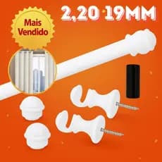 Kit Varão 2,20m 19mm Branco Fino Ferro Completo Simples Quarto Sala Suporte Parafuso Resistente