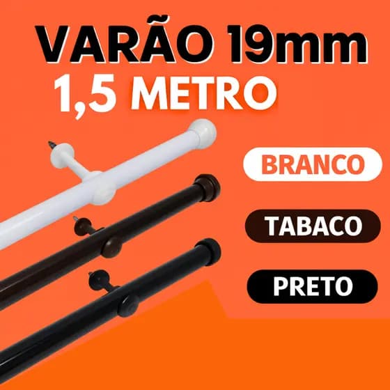Kit Varão Simples 1,5m 19mm Fino com Ponteira Suporte Branco Sala Quarto Cozinha Diversas Cores