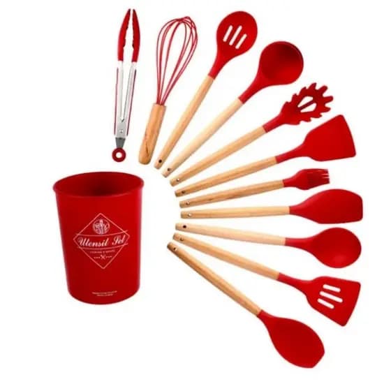 kit 12 Utensílios De Cozinha Jogo Em Silicone Cabo Madeira