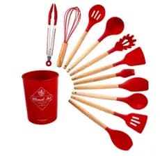 kit 12 Utensílios De Cozinha Jogo Em Silicone Cabo Madeira