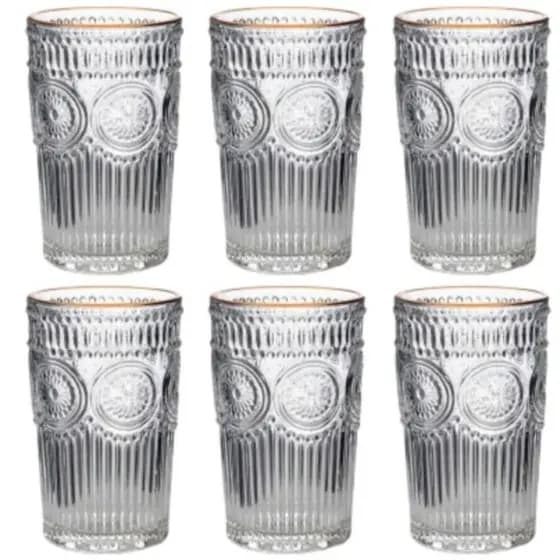 Jogo De Copos Mondoro Fio De Ouro 6 Peças 400ml Borda Dourada Luxo Vidro Cozinha Água Suco
