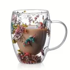 Xícara de Vidro parede dupla flores secas Florzinha Copo Jardim Caneca Personalizada 350ml