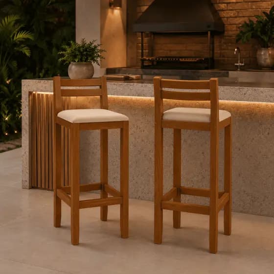 Kit 2 Banquetas Altas para Balcao de Cozinha Encosto e Pés de Madeira