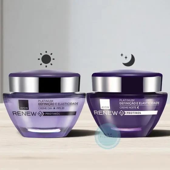 Kit Renew Platinum Avon 55anos+:Creme Anti-idade Dia FPS20+Noite 50g cada | Mini 15g cada ou avulso