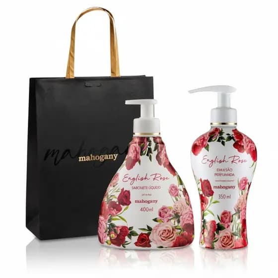 Presente Mahogany English Rose: Sabonete Líquido 400ml + Hidratante Corporal 350ml + Sacola