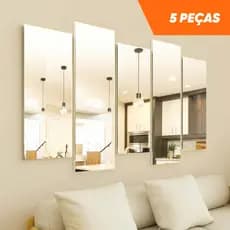 Espelho Decorativo Sala Kit 5 Peças Vidro Cristal Reflete Painel Parede Sala Quarto Hall