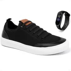 Tenis Sapatenis Casual Sola Reta Preto Cano Baixo Academia Nylon Calce Fácil Masculino Leve Confortável + Relógio